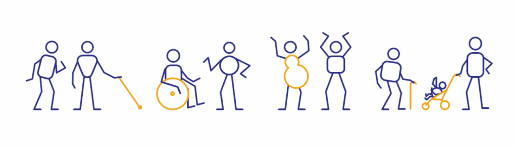 Frise graphique de personnes malvoyantes, en fauteuil roulant, avec une canne, une poussette et qui sont en train de danser.