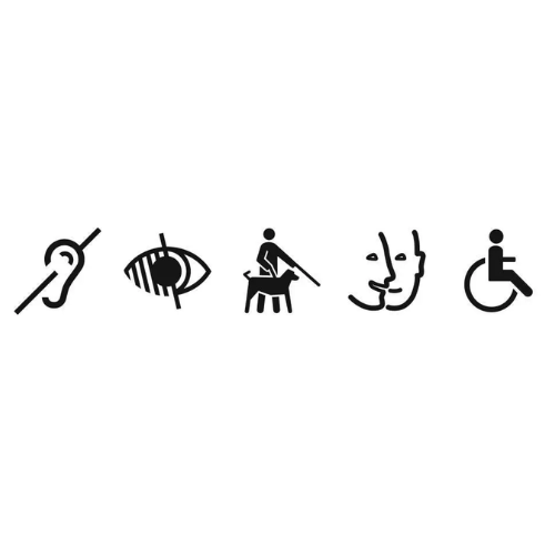 Pictogrammes représentant les différents types de handicap (auditif, visuel, mental et moteur).
